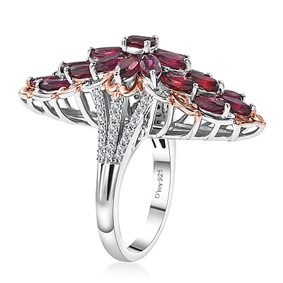 Premium Anthill Garnet and White Zircon 4.65 ctw Elongated Ring in Vermeil RG and Rhodium Over Sterling Silver (Size 10.0)