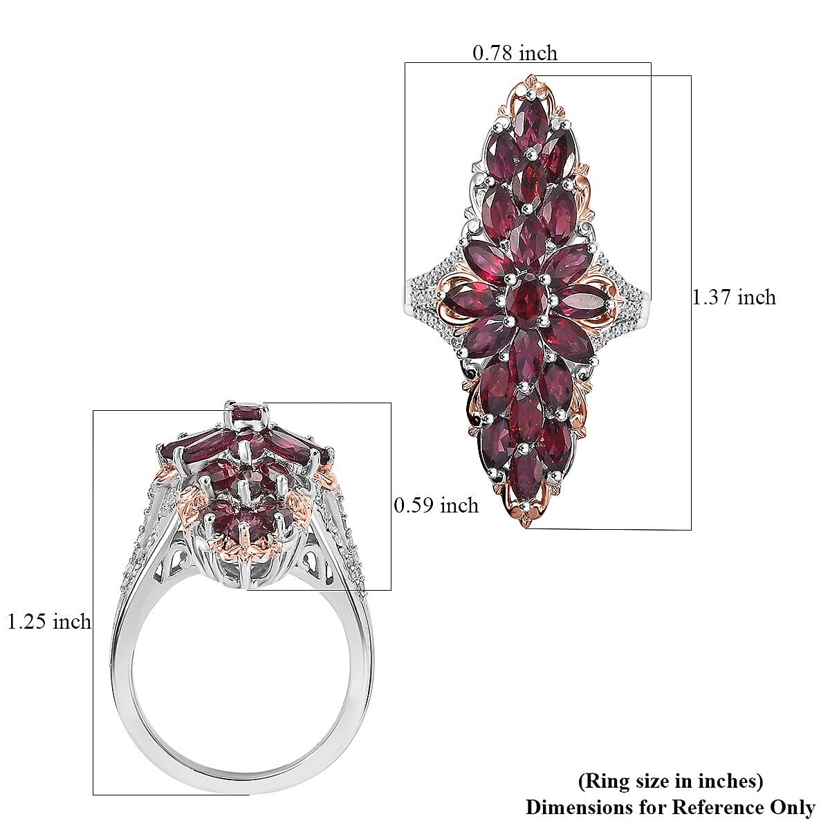 Anthill Garnet, White Zircon Elongated Ring in Vermeil RG and Rhodium Over Sterling Silver (Size 10.0) 4.65 ctw