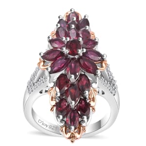 Premium Anthill Garnet and White Zircon 4.65 ctw Elongated Ring in Vermeil RG and Rhodium Over Sterling Silver (Size 6.0)