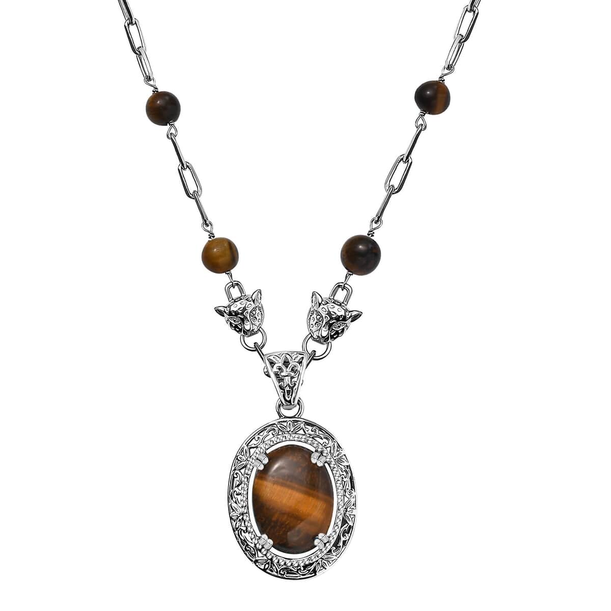 Tigers Eye 31.60 ctw Paper Clip and Leopard Head Necklace in Platinum Bond 18 -20 Inches image number 0