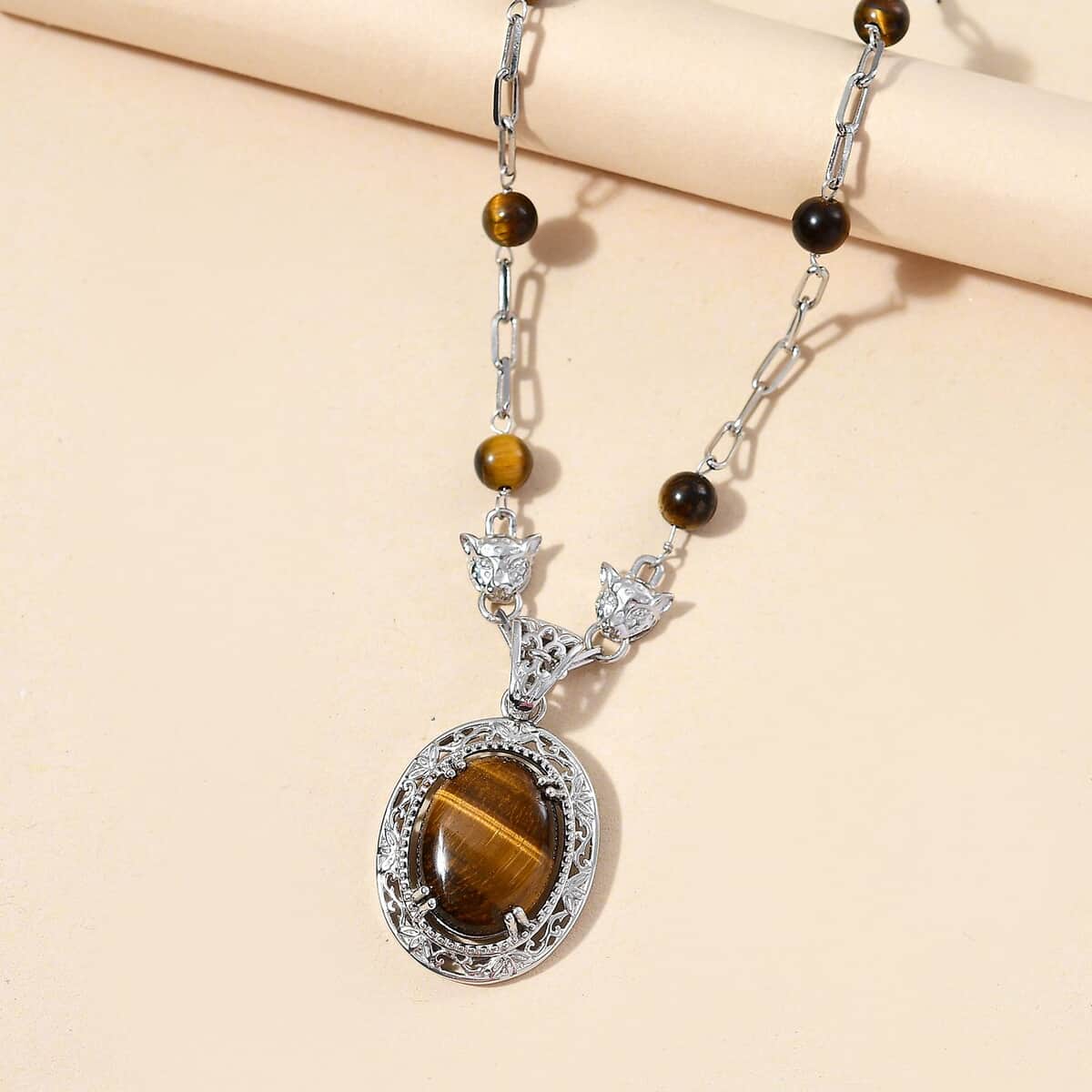 Tigers Eye 31.60 ctw Paper Clip and Leopard Head Necklace in Platinum Bond 18 -20 Inches image number 1