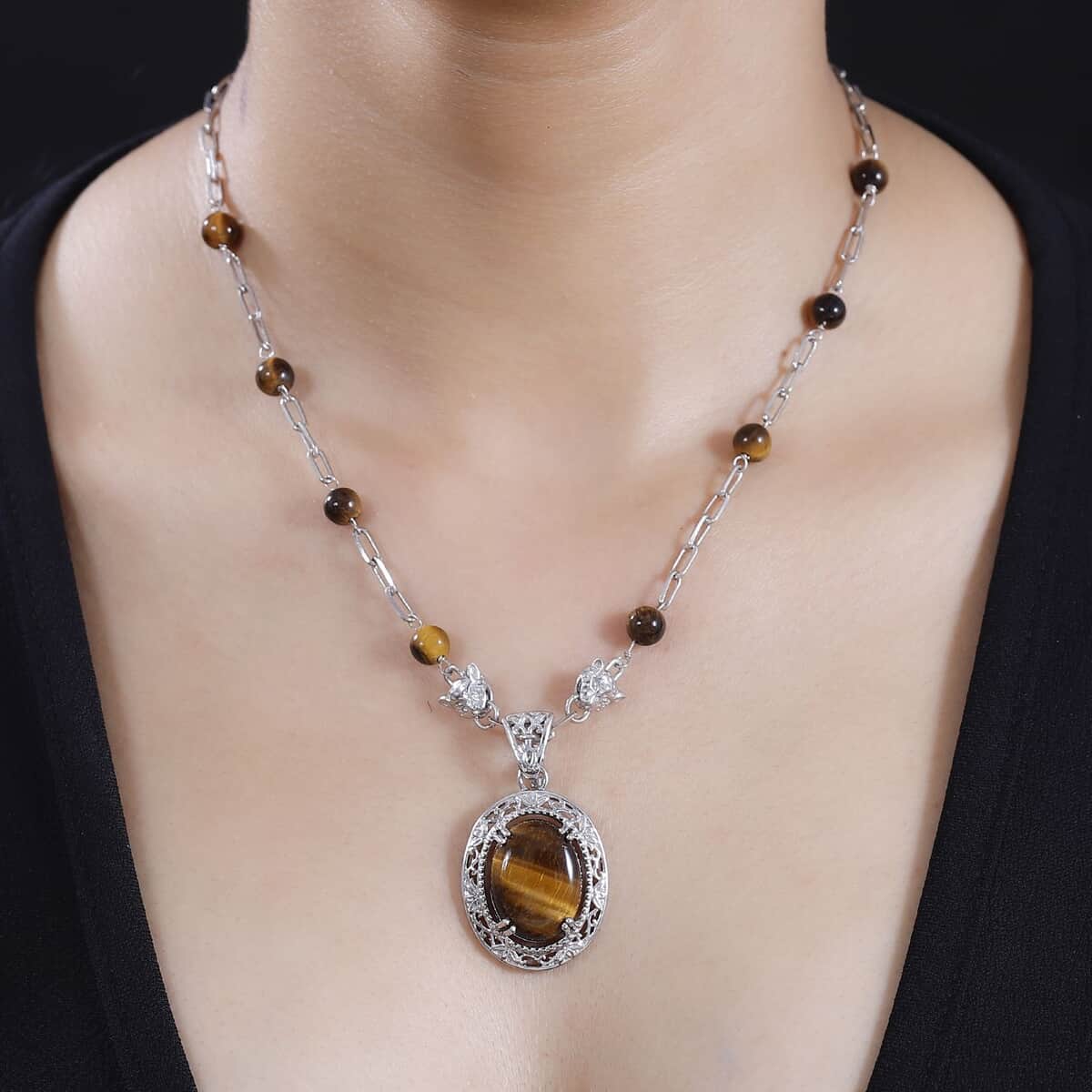 Tigers Eye 31.60 ctw Paper Clip and Leopard Head Necklace in Platinum Bond 18 -20 Inches image number 2