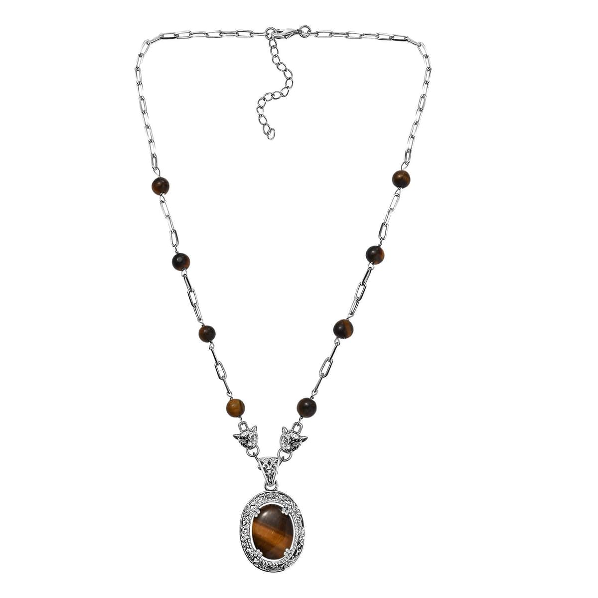 Tigers Eye 31.60 ctw Paper Clip and Leopard Head Necklace in Platinum Bond 18 -20 Inches image number 3