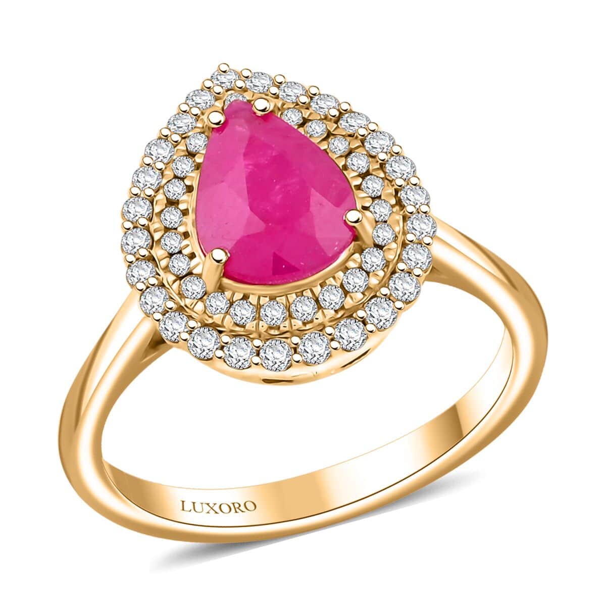 Certified & Appraised Luxoro 14K Yellow Gold AAA Mozambique Ruby, Diamond (G-H, I2) (0.43 cts) Double Halo Ring (Size 10.0) (4.70 g) 2.15 ctw image number 0