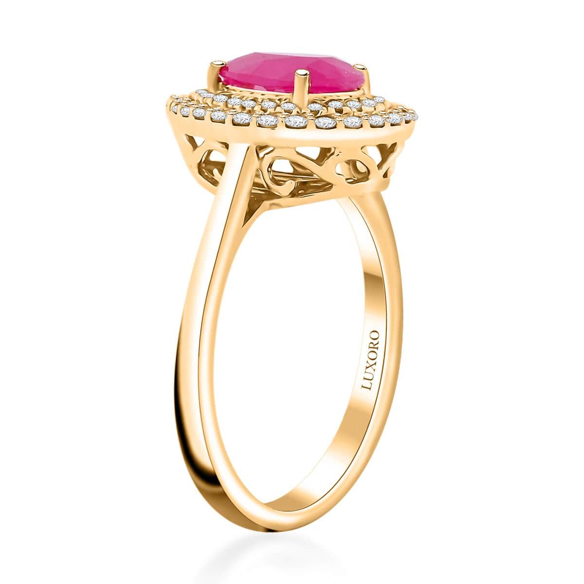 Certified & Appraised Luxoro AAA Mozambique Ruby and G-H I2 Diamond 2.15 ctw Double Halo Ring in 14K Yellow Gold (Size 10.0) 4.70 Grams image number 3