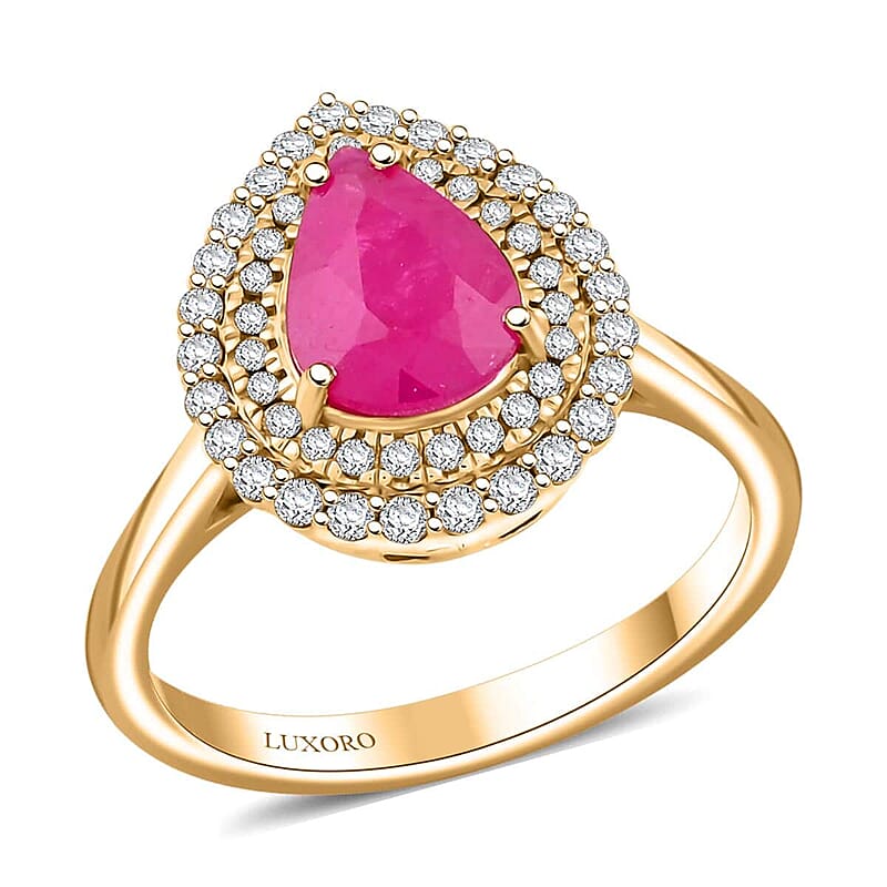 Certified and Appraised Luxoro AAA Mozambique Ruby, Diamond Double Halo Ring in 14K Yellow Gold 2.15 ctw (Size 11.0)