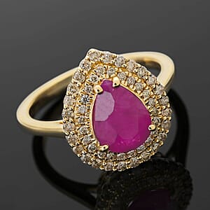 Certified Luxoro AAA Mozambique Ruby, Diamond Double Halo Ring in 14K Yellow Gold 2.15 ctw (Size 5.5)