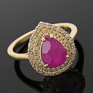 Certified Luxoro AAA Mozambique Ruby, Diamond Double Halo Ring in 14K Yellow Gold 2.15 ctw (Size 9.0)