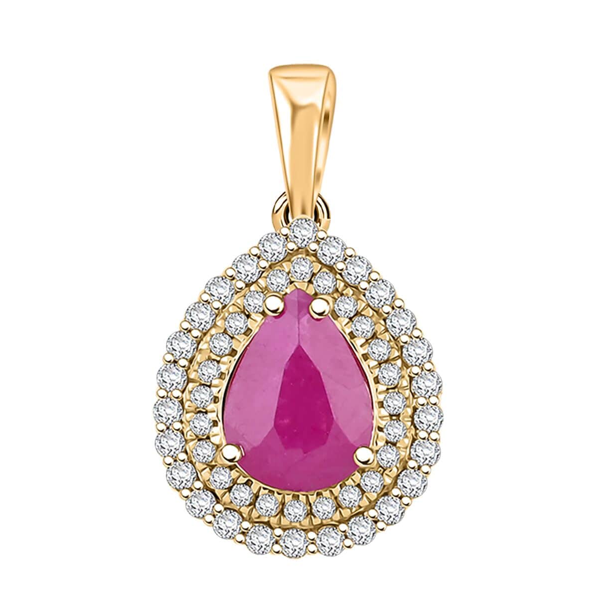 Certified & Appraised Luxoro AAA Mozambique Ruby and G-H I2 Diamond 2.15 ctw Double Halo Pendant in 14K Yellow Gold image number 0