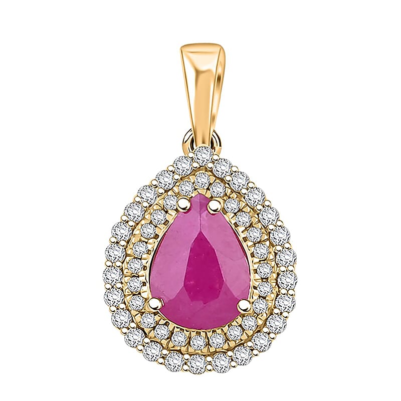 Certified & Appraised Luxoro AAA Mozambique Ruby and G-H I2 Diamond 2.15 ctw Double Halo Pendant without Chain in 14K Yellow Gold