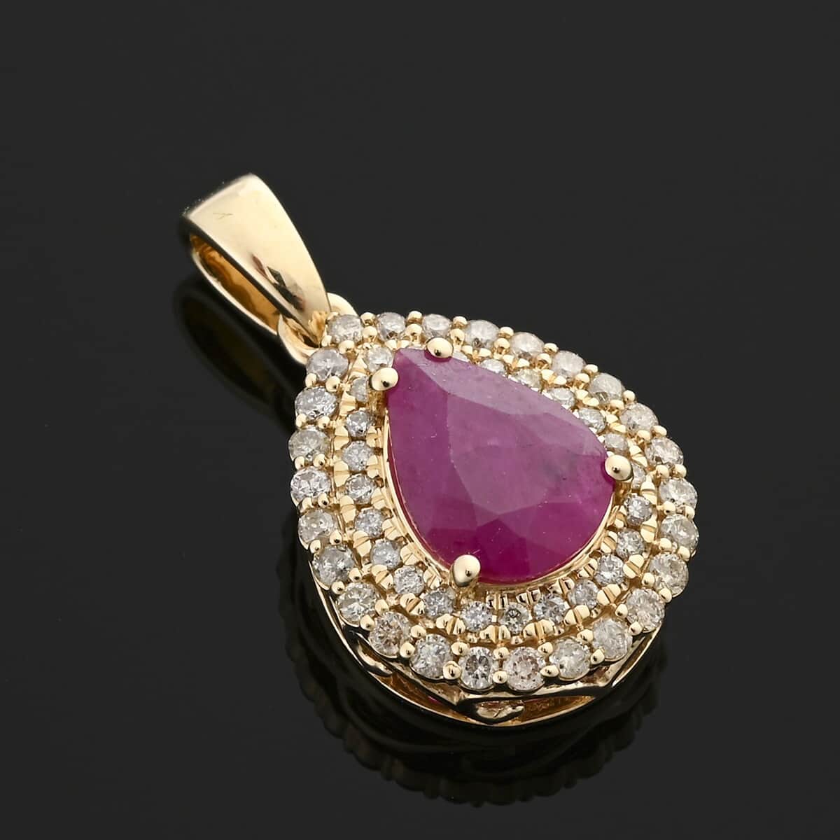 Certified & Appraised Luxoro AAA Mozambique Ruby and G-H I2 Diamond 2.15 ctw Double Halo Pendant in 14K Yellow Gold image number 1