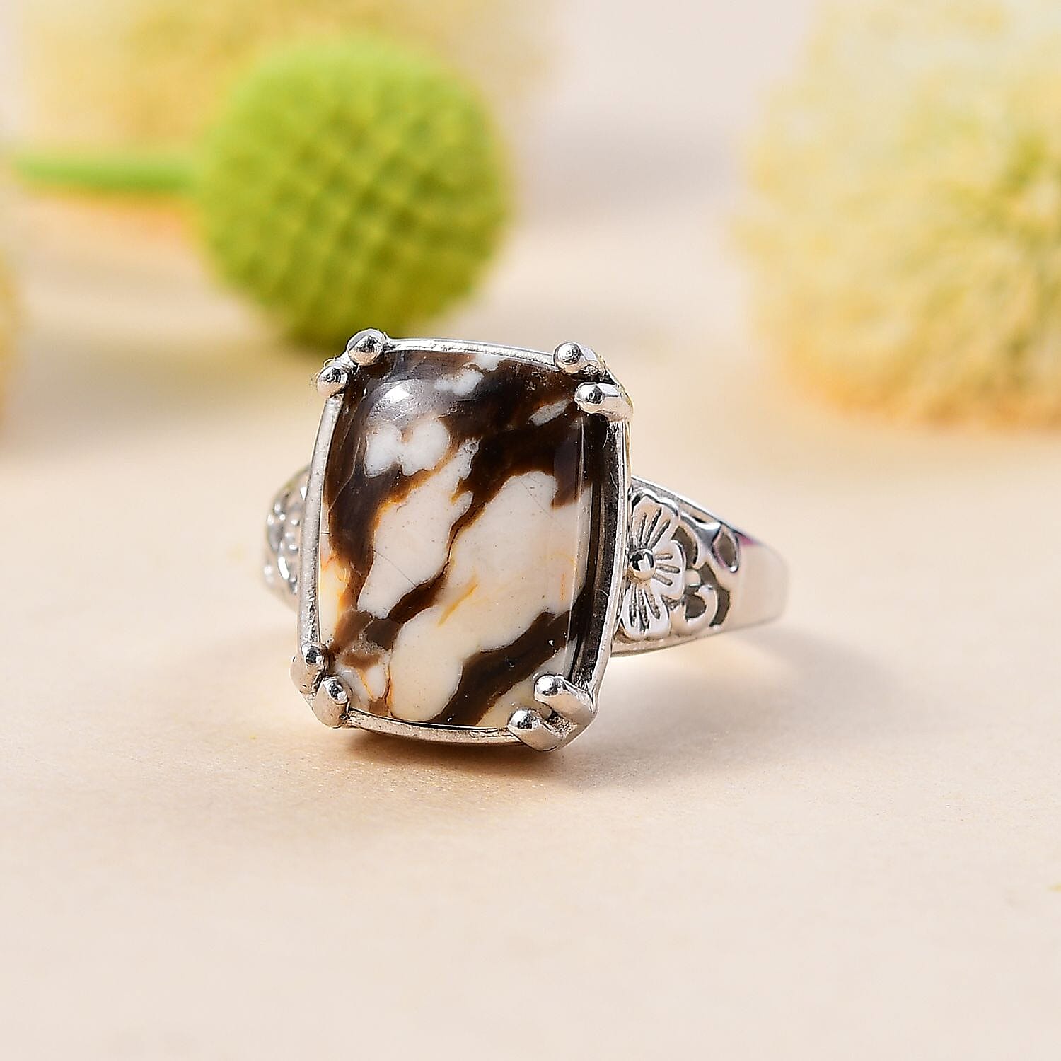 Buy Peanut Wood Jasper 8.65 ctw Solitaire Ring in Platinum Over