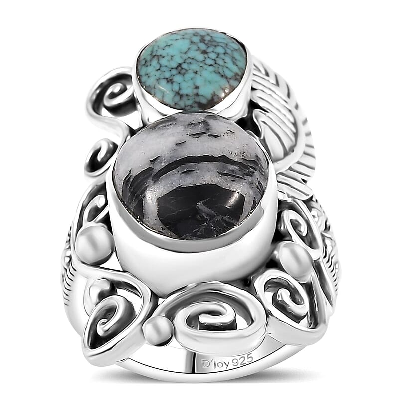 D'Joy Artisan Crafted White Buffalo and Blue Moon Turquoise 8.50 ctw Ring in Black Oxidized Sterling Silver (Size 7.0)