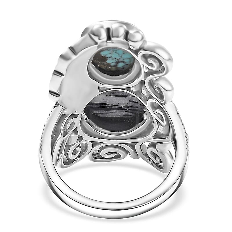 D'Joy Artisan Crafted White Buffalo and Blue Moon Turquoise 8.50 ctw Ring in Black Oxidized Sterling Silver (Size 7.0)