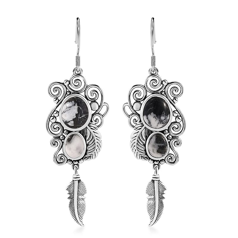 D'Joy Artisan Crafted White Buffalo 9.35 ctw Feather Earrings in Black Oxidized Sterling Silver
