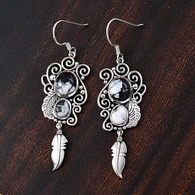D'Joy Artisan Crafted White Buffalo 9.35 ctw Feather Earrings in Black Oxidized Sterling Silver