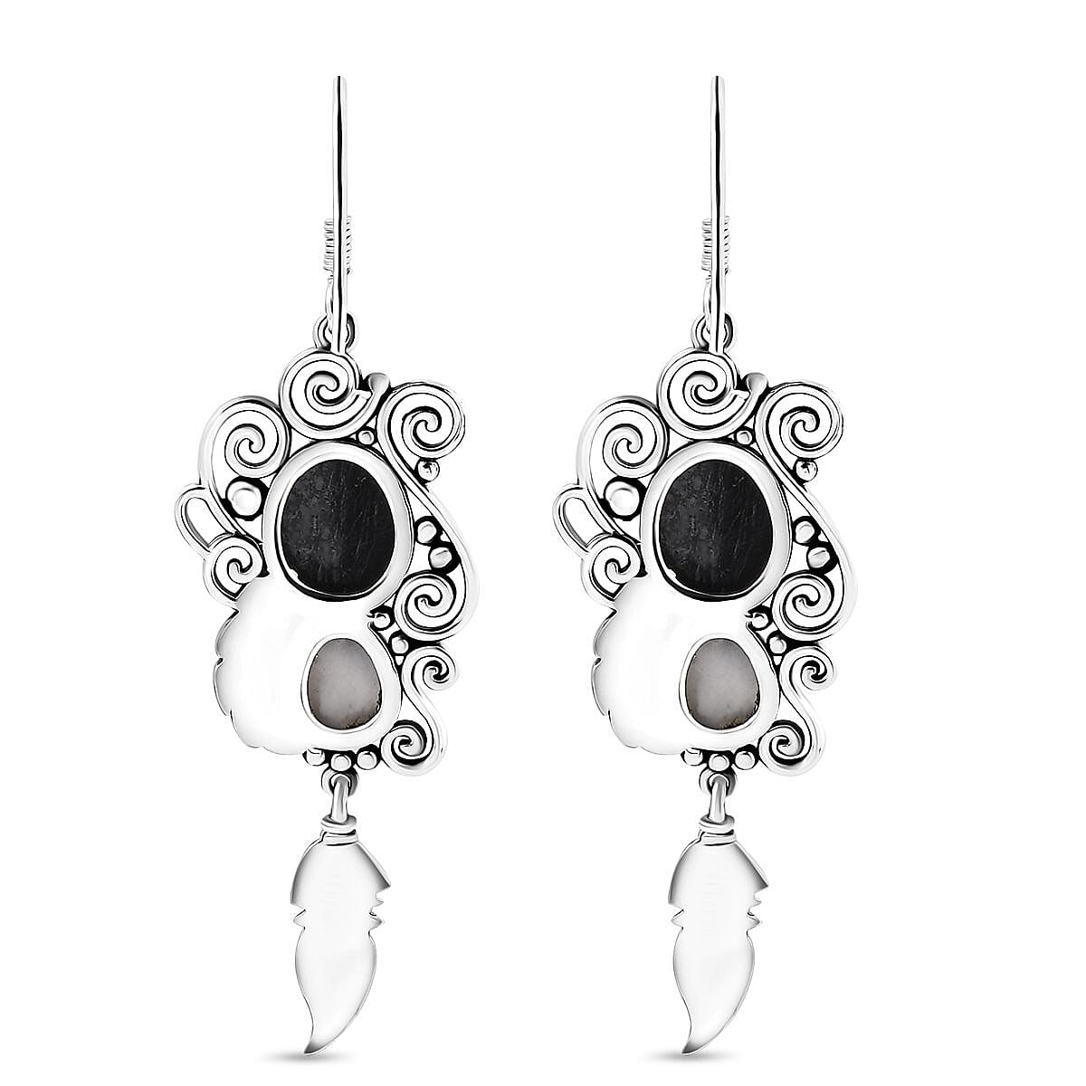 D'Joy Artisan Crafted White Buffalo 9.35 ctw Feather Earrings in Black Oxidized Sterling Silver