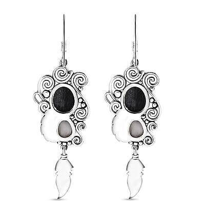 D'Joy Artisan Crafted White Buffalo 9.35 ctw Feather Earrings in Black Oxidized Sterling Silver