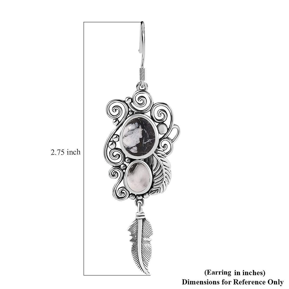 D'Joy Artisan Crafted White Buffalo 9.35 ctw Feather Earrings in Black Oxidized Sterling Silver
