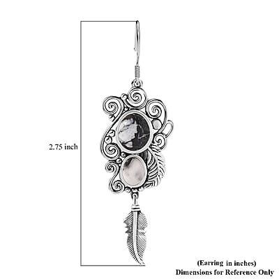 D'Joy Artisan Crafted White Buffalo 9.35 ctw Feather Earrings in Black Oxidized Sterling Silver