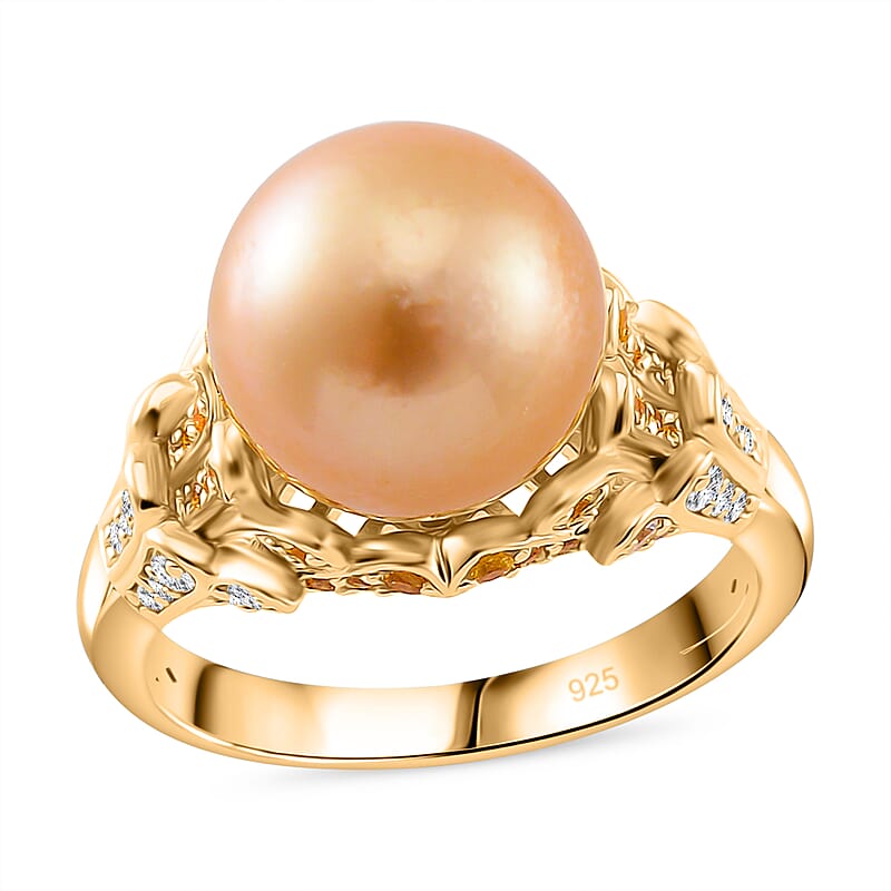 South Sea Golden Cultured Pearl and Multi Gemstone 0.75 ctw Crown Ring in 18K Vermeil Yellow Gold Over Sterling Silver (Size 10.0)