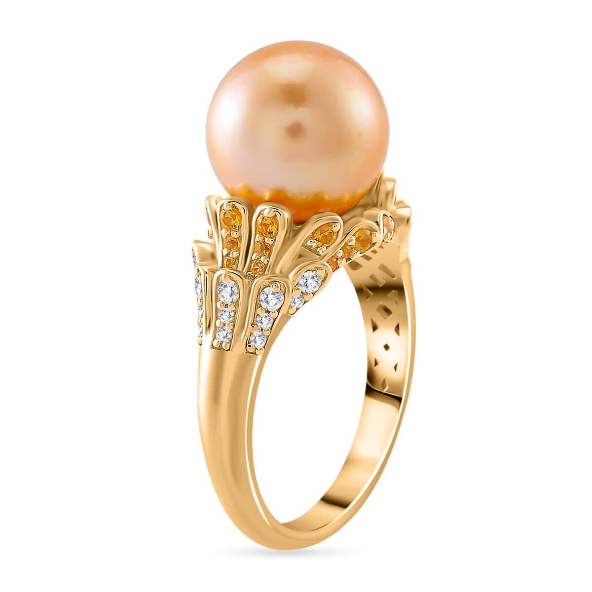 South Sea Golden Cultured Pearl and Multi Gemstone 0.75 ctw Crown Ring in 18K Vermeil Yellow Gold Over Sterling Silver (Size 10.0) image number 2