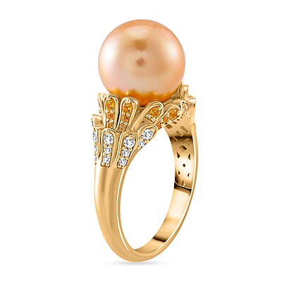 South Sea Golden Cultured Pearl and Multi Gemstone 0.75 ctw Crown Ring in 18K Vermeil Yellow Gold Over Sterling Silver (Size 10.0)