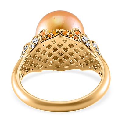 South Sea Golden Cultured Pearl and Multi Gemstone 0.75 ctw Crown Ring in 18K Vermeil Yellow Gold Over Sterling Silver (Size 10.0)