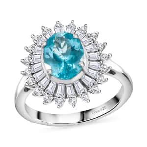 Madagascar Lagoon Apatite and Moissanite 3.00 ctw Stellar Ocean Radiance Ring in Rhodium Over Sterling Silver (Size 10.0)