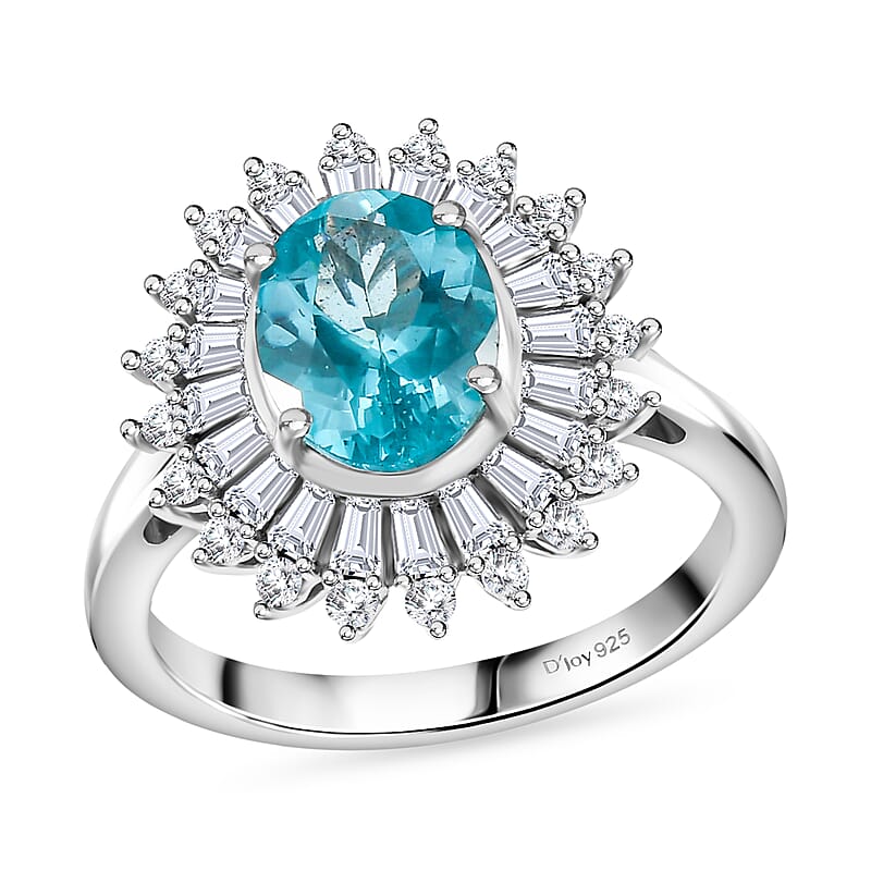 Madagascar Lagoon Apatite and Moissanite 3.00 ctw Stellar Ocean Radiance Ring in Rhodium Over Sterling Silver (Size 10.0)