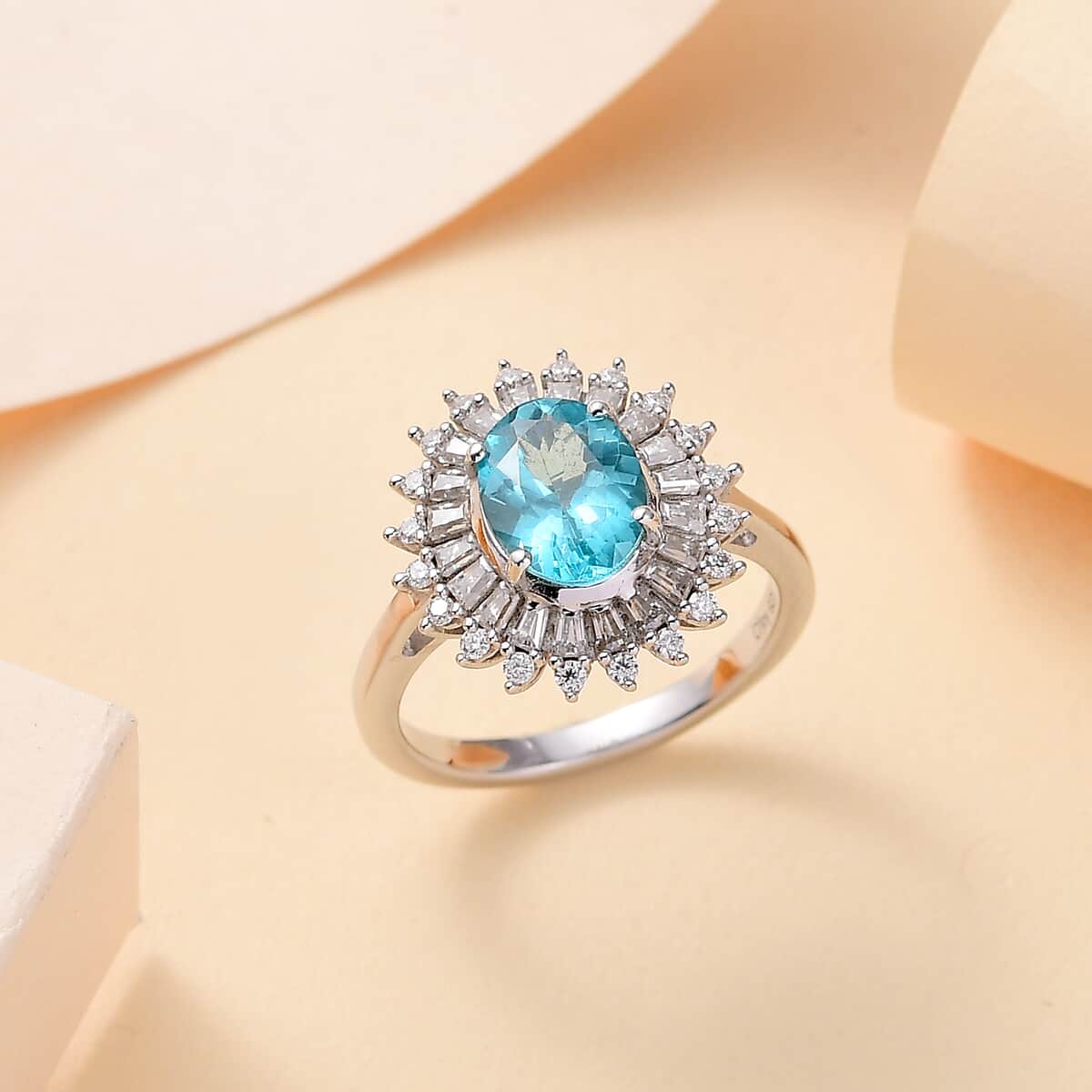 Madagascar Lagoon Apatite and Moissanite 3.00 ctw Stellar Ocean Radiance Ring in Rhodium Over Sterling Silver (Size 10.0) image number 1