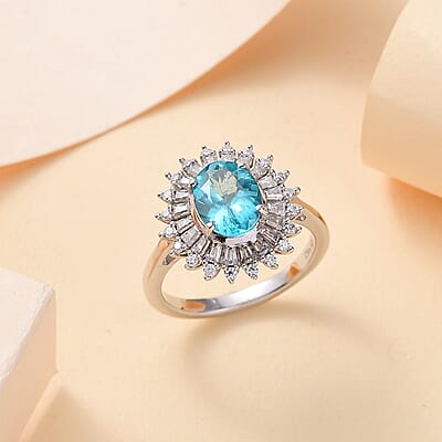 Madagascar Lagoon Apatite and Moissanite 3.00 ctw Stellar Ocean Radiance Ring in Rhodium Over Sterling Silver (Size 10.0)
