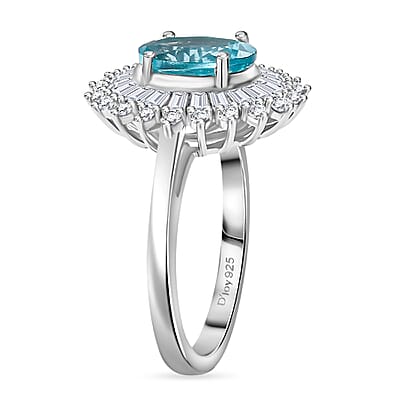 Madagascar Lagoon Apatite and Moissanite 3.00 ctw Stellar Ocean Radiance Ring in Rhodium Over Sterling Silver (Size 10.0)