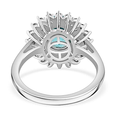Madagascar Lagoon Apatite and Moissanite 3.00 ctw Stellar Ocean Radiance Ring in Rhodium Over Sterling Silver (Size 10.0)
