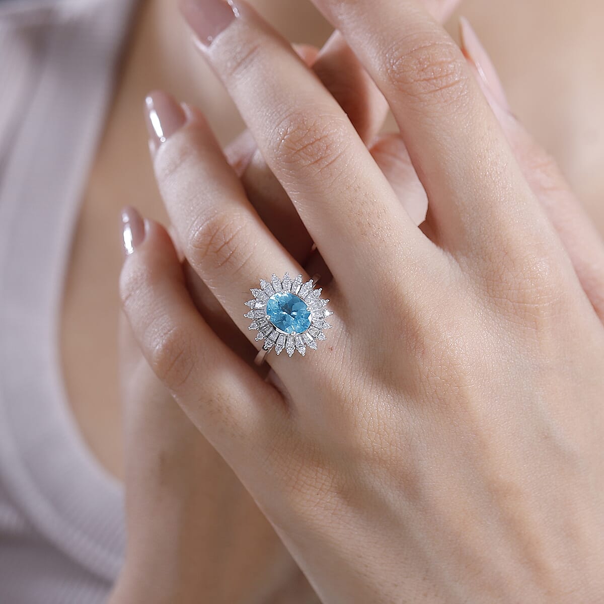 Madagascar Lagoon Apatite and Moissanite 3.00 ctw Stellar Ocean Radiance Ring in Rhodium Over Sterling Silver (Size 8.0) image number 2