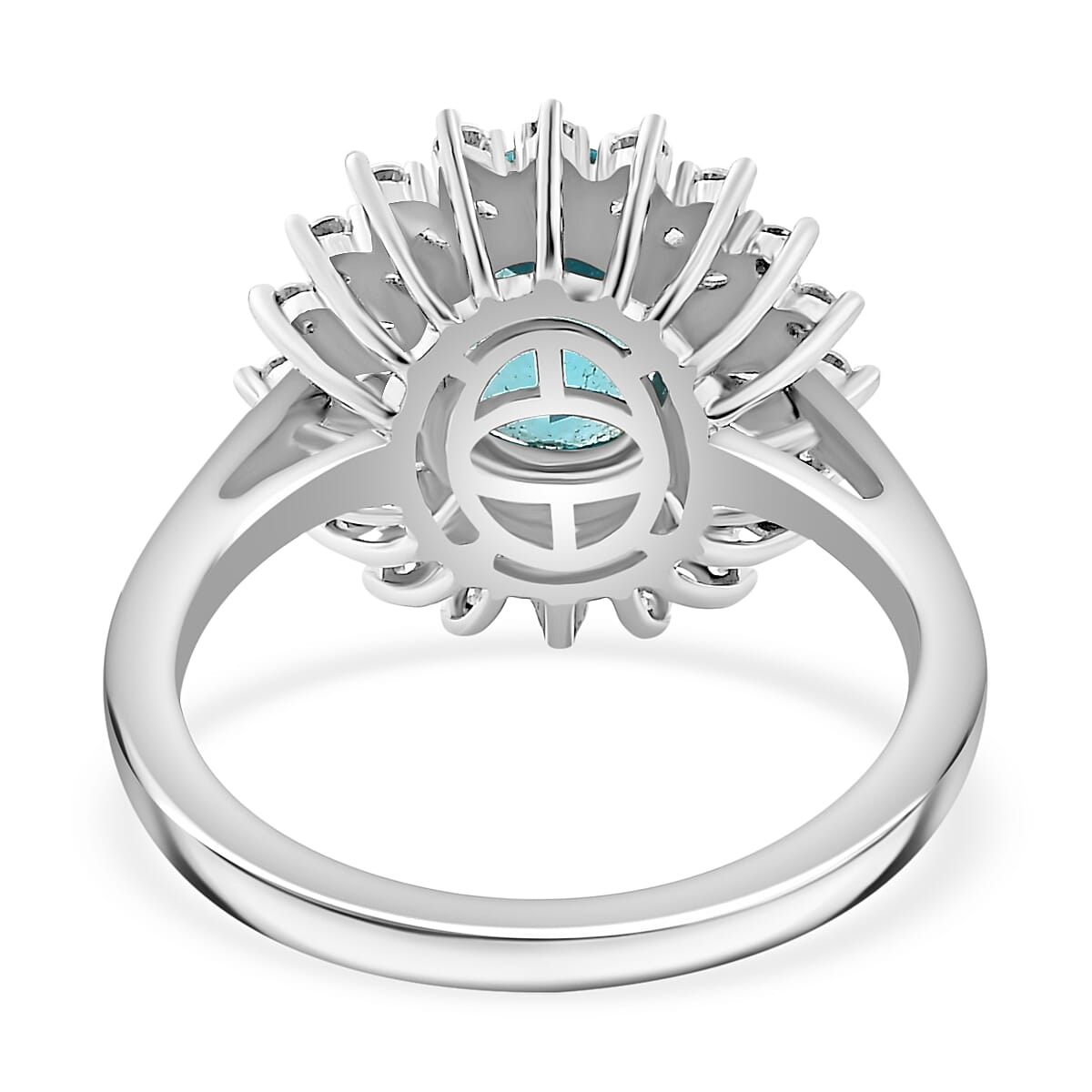 Madagascar Lagoon Apatite and Moissanite 3.00 ctw Stellar Ocean Radiance Ring in Rhodium Over Sterling Silver (Size 8.0) image number 4