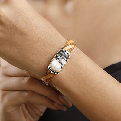 D'Joy Artisan Crafted White Buffalo 21.90 ctw Leather Bracelet in Black Oxidized Sterling Silver (6.50-8.0In)