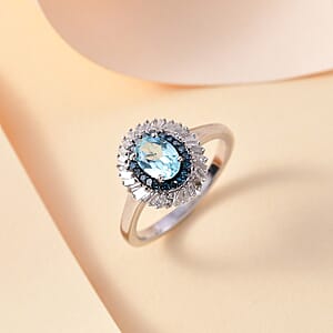 Premium Madagascar Lagoon Apatite and White and Blue Diamond 1.15 ctw Spirit of the Sea Ring in Rhodium Over Sterling Silver (Size 5.0)