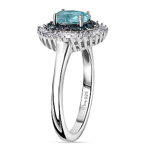 Premium Madagascar Lagoon Apatite and White and Blue Diamond 1.15 ctw Spirit of the Sea Ring in Rhodium Over Sterling Silver (Size 5.0)