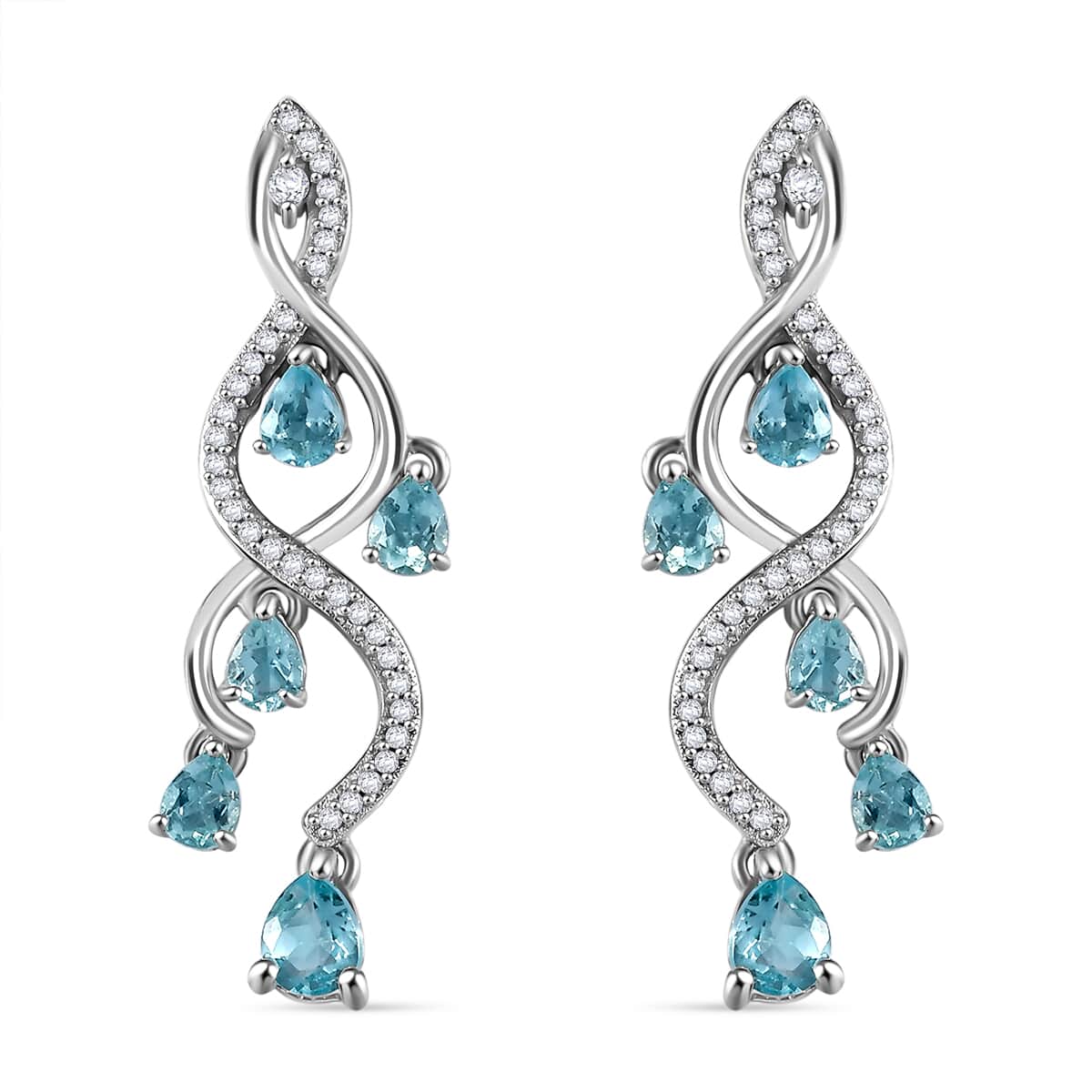 Premium Betroka Blue and Lagoon Apatite and White Zircon 2.35 ctw Chandelier Earrings in Rhodium Over Sterling Silver image number 0