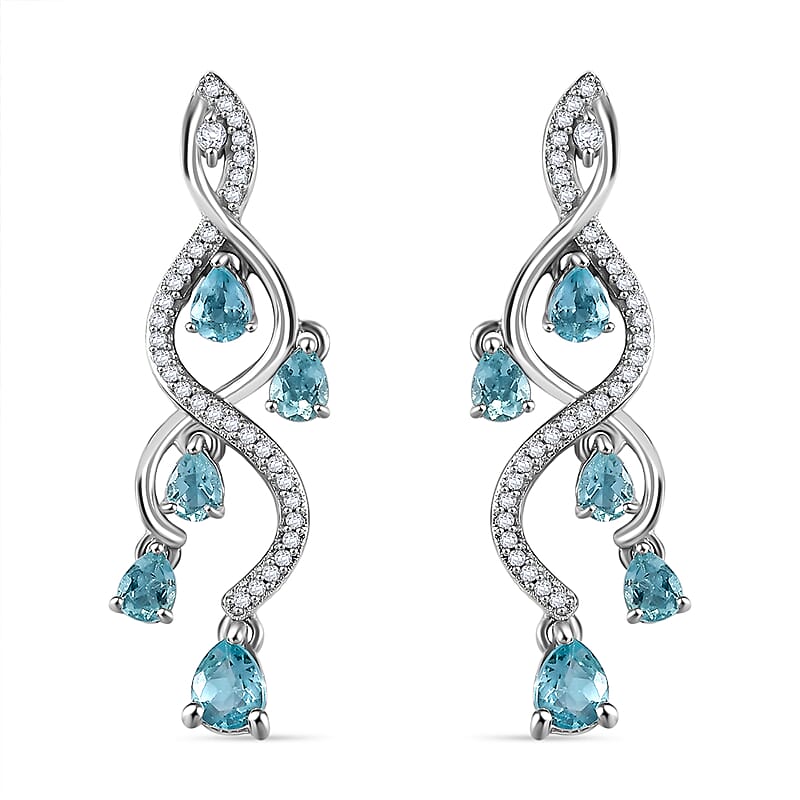 D'Joy Premium Betroka Blue and Lagoon Apatite and White Zircon 2.35 ctw Chandelier Earrings in Rhodium Over Sterling Silver
