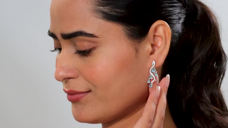 D'Joy Premium Betroka Blue and Lagoon Apatite and White Zircon 2.35 ctw Chandelier Earrings in Rhodium Over Sterling Silver