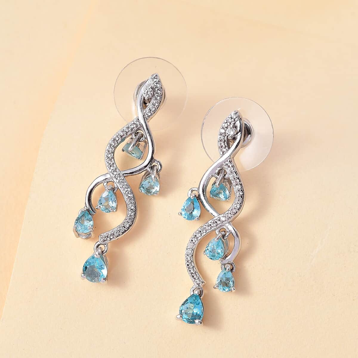 Premium Betroka Blue and Lagoon Apatite and White Zircon 2.35 ctw Chandelier Earrings in Rhodium Over Sterling Silver image number 1