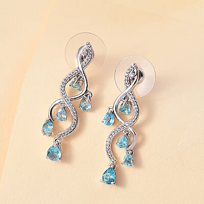 D'Joy Premium Betroka Blue and Lagoon Apatite and White Zircon 2.35 ctw Chandelier Earrings in Rhodium Over Sterling Silver