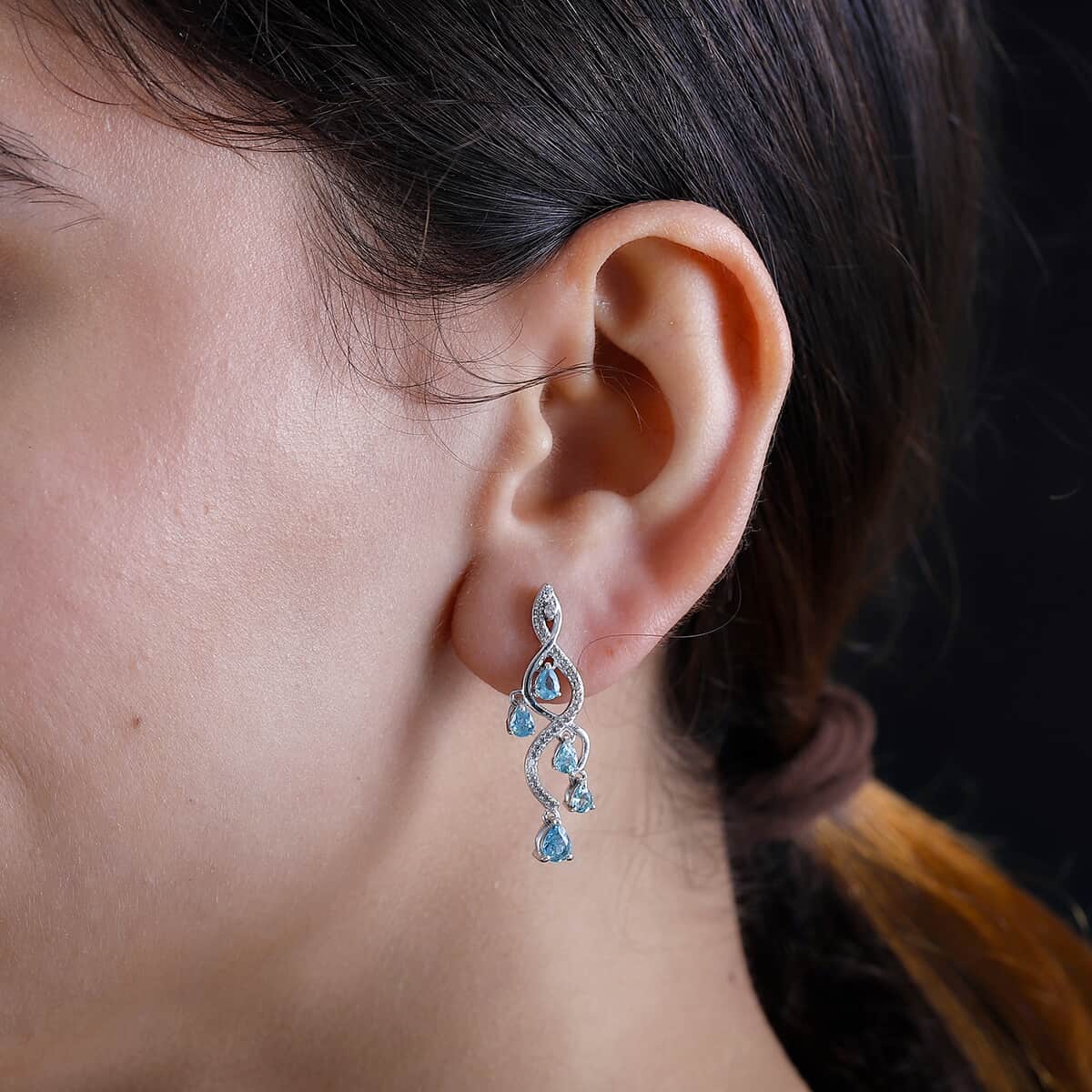 Premium Betroka Blue and Lagoon Apatite and White Zircon 2.35 ctw Chandelier Earrings in Rhodium Over Sterling Silver image number 2