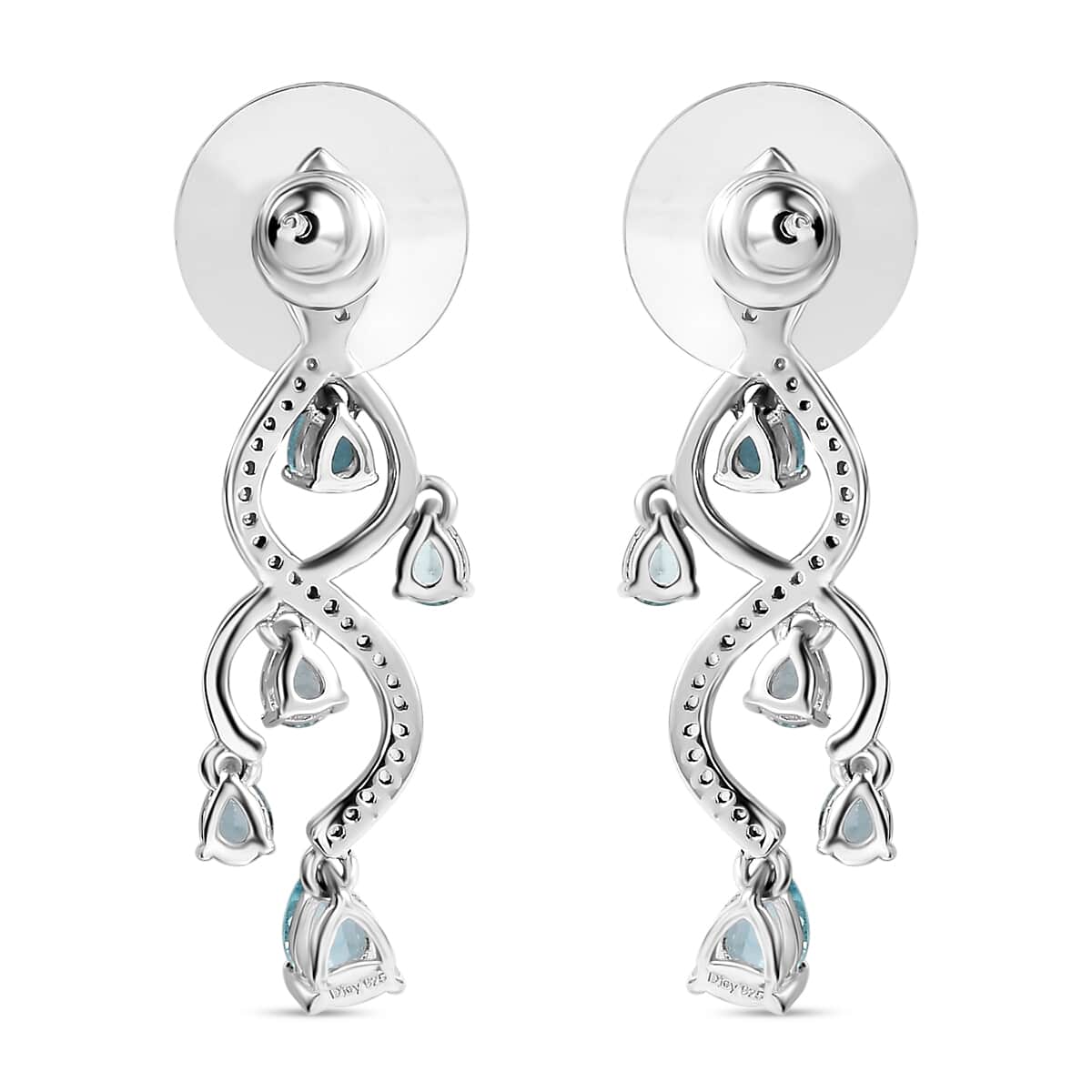 Premium Betroka Blue and Lagoon Apatite and White Zircon 2.35 ctw Chandelier Earrings in Rhodium Over Sterling Silver image number 3