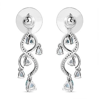 D'Joy Premium Betroka Blue and Lagoon Apatite and White Zircon 2.35 ctw Chandelier Earrings in Rhodium Over Sterling Silver