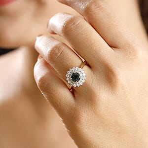 Certified & Appraised Luxoro AAA Australian Sapphire and G-H I2 Diamond 1.85 ctw Floral Ring in 14K Yellow Gold (Size 8.0) 