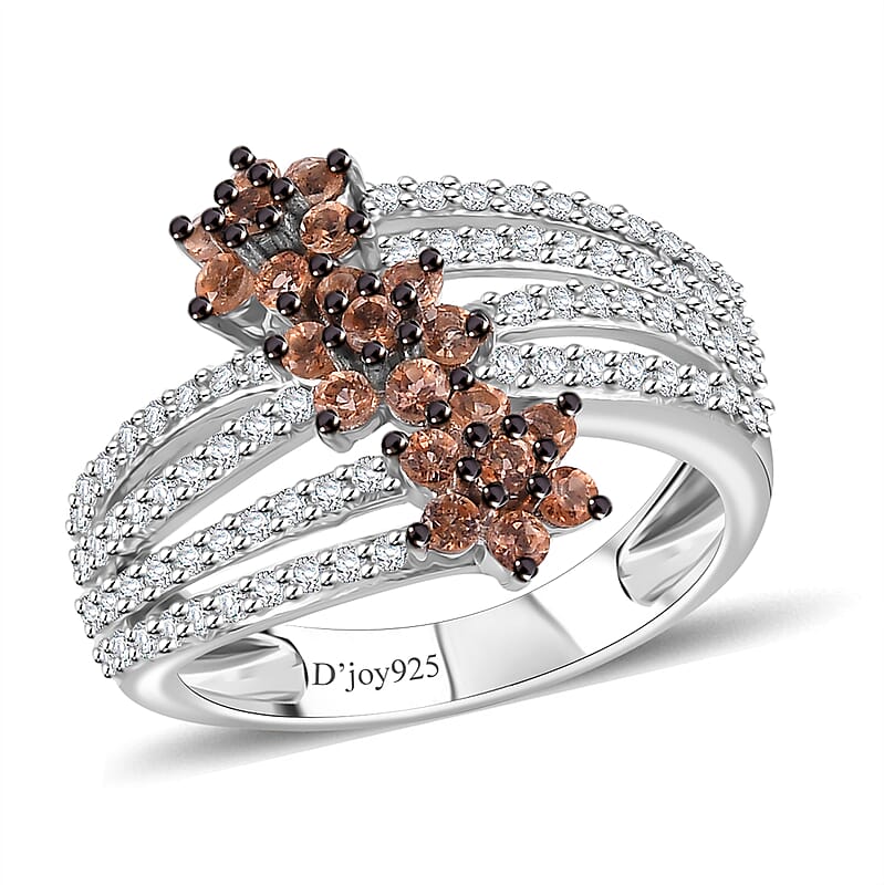 D'Joy Jenipapo Andalusite and White Zircon 1.35 ctw Garden Bloom Ring in Rhodium Over Sterling Silver (Size 10.0)