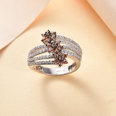 D'Joy Jenipapo Andalusite and White Zircon 1.35 ctw Garden Bloom Ring in Rhodium Over Sterling Silver (Size 10.0)